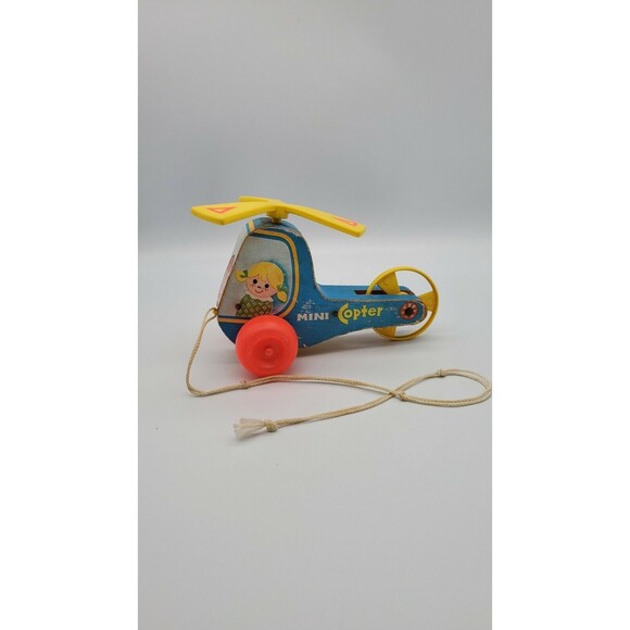 Vintage Fisher Price Mini Copter Pull Toy #448 Wooden Helicopter 1970 0320 - Picture 1 of 12